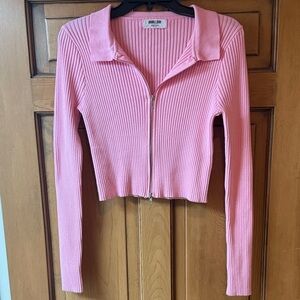 Pink Ribbed Zip-Up Sweater